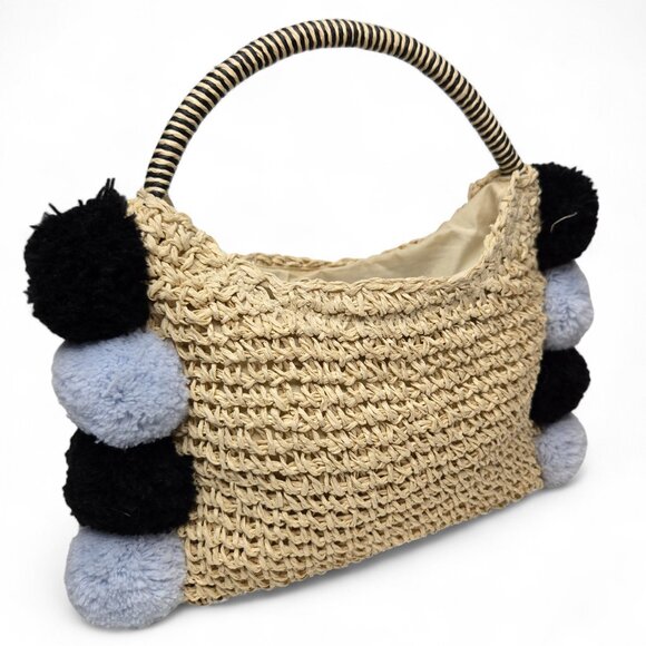 Janie and Jack Straw Pom Pom Trim Handbag Youth Rounded Strap Fun Plush - Picture 2 of 7